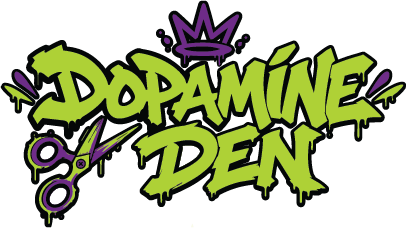 Dopamine Den logo: lime-green dripping graffiti letters reading Dopamine over DEN, with a purple crown and scissors.